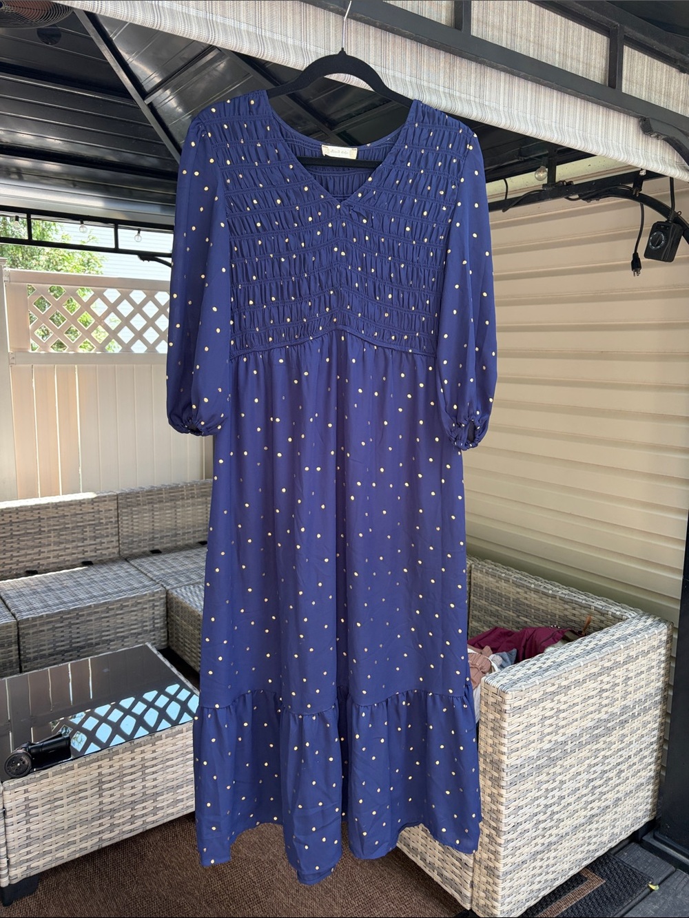 Altar’d State Navy Midi Dress with Gold Dot Detail